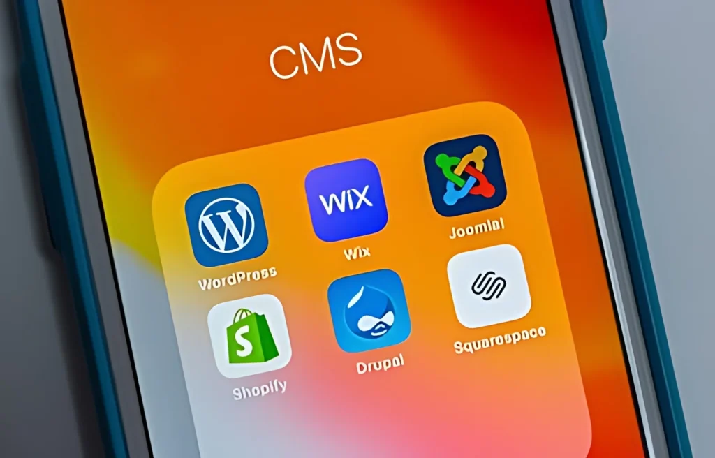 Popular-CMS-(Content-management-system)-services-WordPress-Wix-Joomla-Shopify-Drupal-and-Squarespace-on-orange-background-on-iPhone-cms-web-design-principles