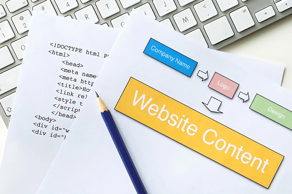 Web-design-project-planning-with-diagram,-HTML-pencil-and-keyboard-cms-web-design-principles