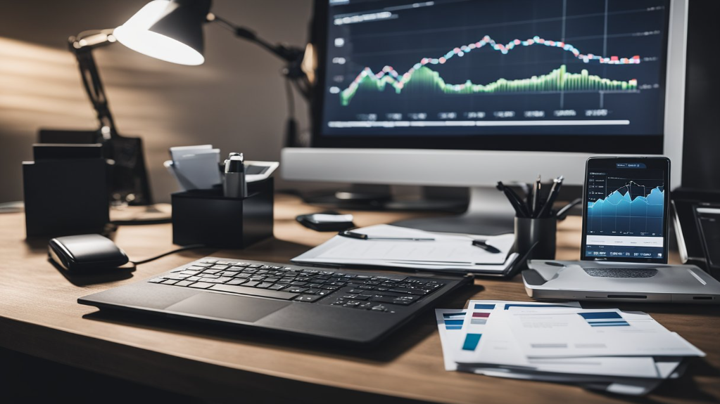 A desk with a computer, phone, and notebook. Charts and graphs on the wall. A stack of business cards and a pen